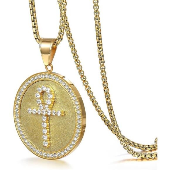 NEW Ankh Cross Gold Necklace Iced Out Chain - Picture 1 of 4